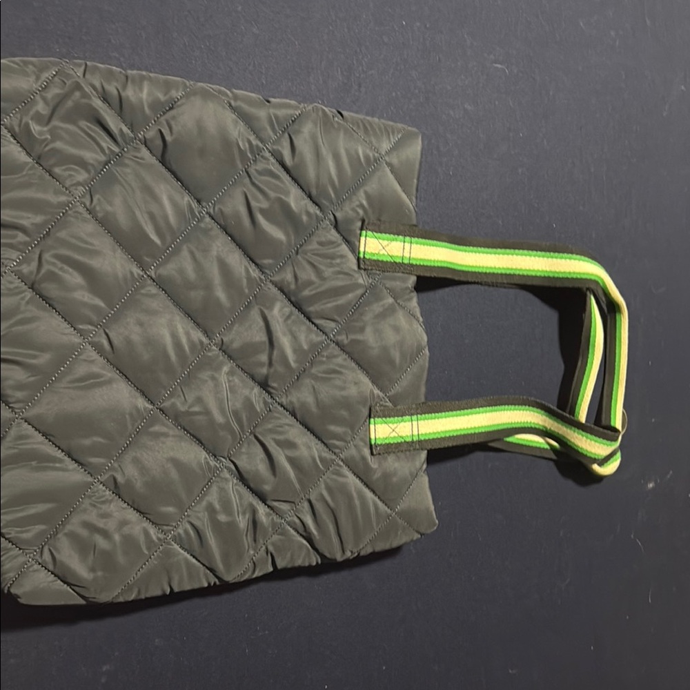 Quilted Tote Bag with Green and White  Straps